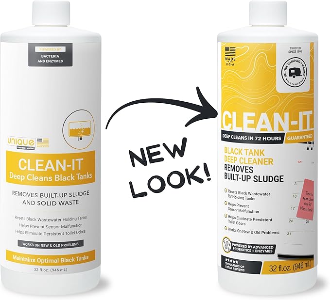 Unique Clean-It RV Black Tank Cleaner Liquid - Effectively Resets Dirty RV Black Tanks - Eliminates Odors and Waste (32 oz) Amazon Exclusive Packaging