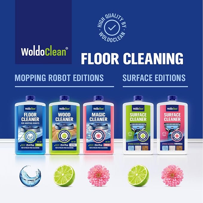 WoldoClean Floor Cleaner Solution for Robot Mops 25.36 fl.oz - Anti-Clog Formula Compatible with Roborock, Dreame, Roomba, Tineco, Professional Low-Foam Concentrate