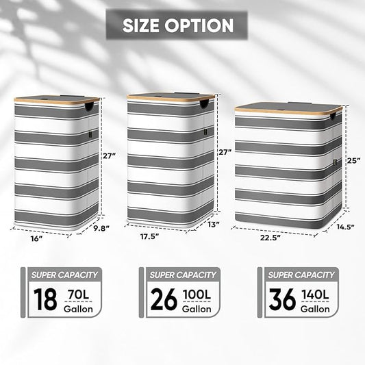 BALEINE Laundry Hamper with Lid, Tall Laundry Baskets with Bamboo Pull Handles, Large Laundry Bin with Internal Support (26 Gal/100L, Grey Stripe)