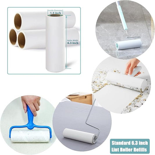 6.3 inch Large Lint Roller Refills for Pet Hair Extra Sticky Roller Refills 6.3 in Long Handle Lint Roller Replacement for Floor Carpet Couch Clothes (Pack of 4)