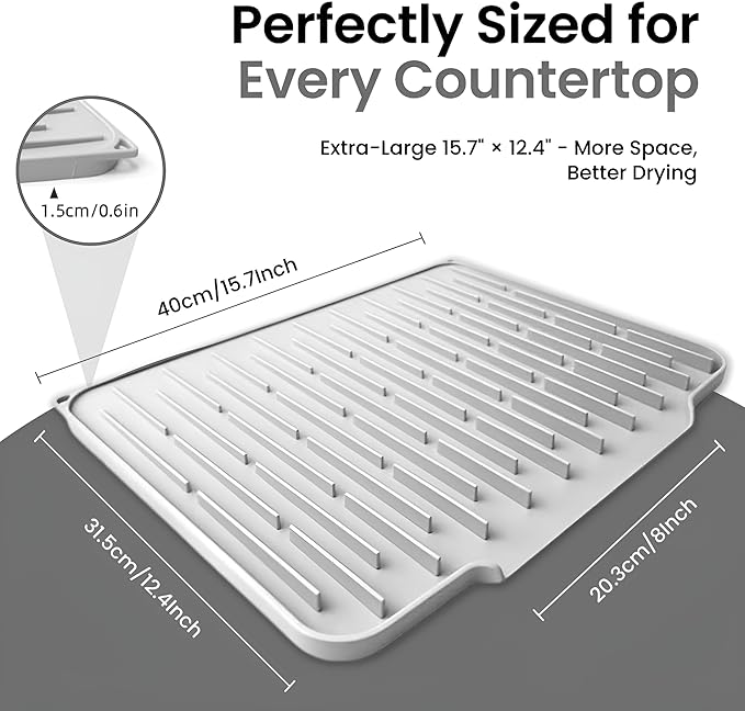 Silicone Dish Drying Mat with Raised Drain Spout, 15mm Thick Extra Large 15.7"x12.4", Heat Resistant Countertop Protector, Dishwasher Safe - Light Gray