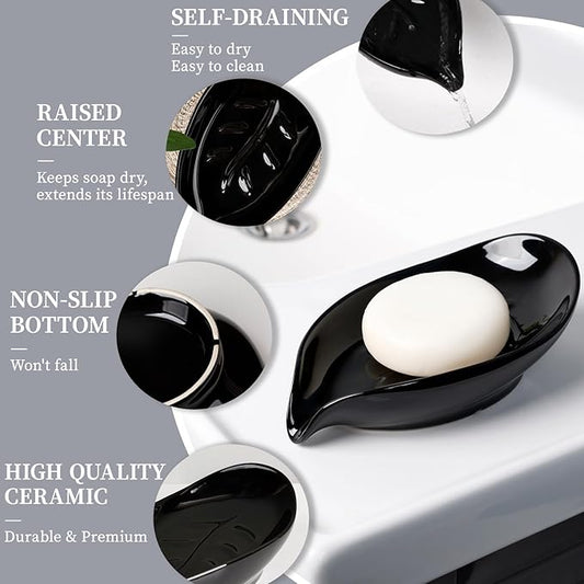 Soap Dish, Self Draining Soap Dishes 2PCS, Leaf Shape Ceramic Bar Soap Holder Drain Soap Dishes for Bathroom Sink Kitchen, Easy to Clean Keeps Soap Dry, Black, ANTIS'S HOME