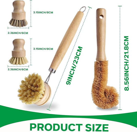 Bamboo Dish Brush Set - 5 Packs Natural Wooden Kitchen Brush, 4 Dish Scrubbers with One Replacement Head, Cleaning for Pots, Bottles and Vegetables