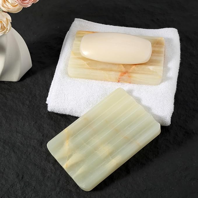 Koville Green Onyx Soap Dish Genuine Marble Soap Dish for Bathroom Shower, Natural Onyx Stone Soap Tray for Bathroom, Bar Soap Holder for Sink, Stripe Grooves Saver Keep Bars Dry Easy Clean