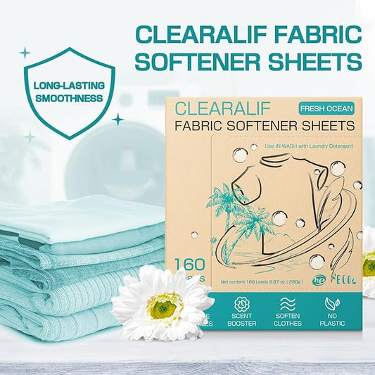 CLEARALIF laundry Fabric Softener Sheets, FRESH OCEAN Scent, 160 Loads, Eco Friendly, Great For Travel, Apartments, Dorms.