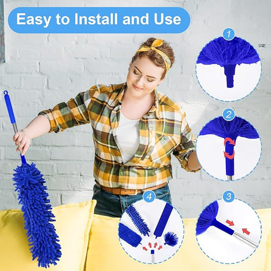 5-in-1 Kit Dusters for Cleaning, Duster with Extension Pole, Extendable Duster with 100 Inches, Microfiber Dusters, Webster Cobweb Duster for Cleaning Ceiling Fans, Furniture, Blinds - Blue