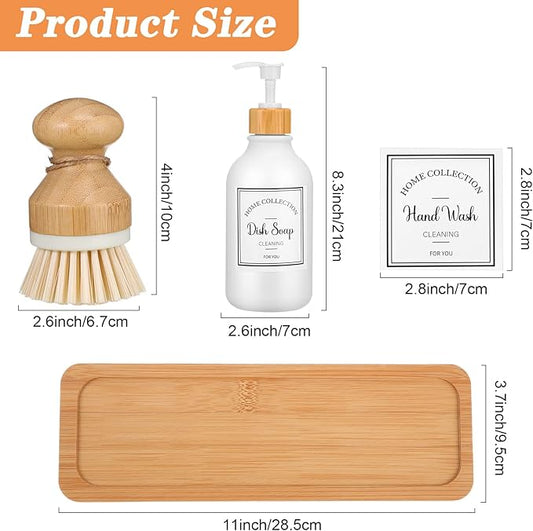 Zopeal 4 Pcs 16 oz Kitchen Soap Dispenser Set with Bamboo Tray and Dish Brush Plastic Soap Dispenser Set with Waterproof Labels for Hand Dish Lotion(Frosted White)