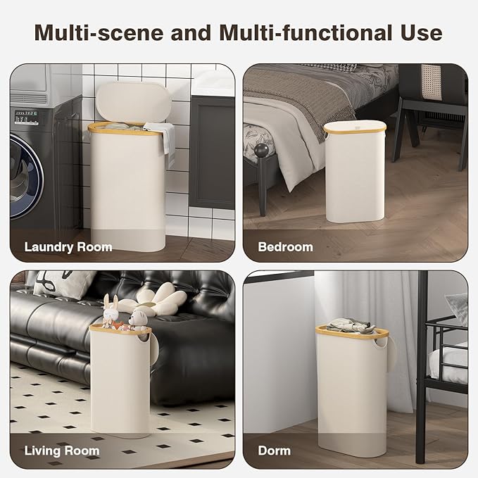 Slim Laundry Hamper with Lid, 60L Small Laundry Basket with Handles&Removable Bag, Thin Dirty Clothes Hampers for Laundry, Narrow Laundry Hampers for Bedroom Aesthetic, Beige
