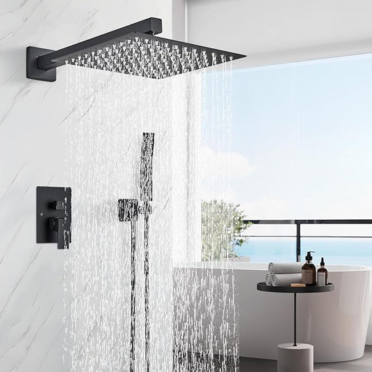 Shower Faucet 10 Inches Matte Black Shower System with Rainfall Shower Head and Handheld Spray Bathroom Luxury Rain Shower Faucet Set Complete Wall Mounted