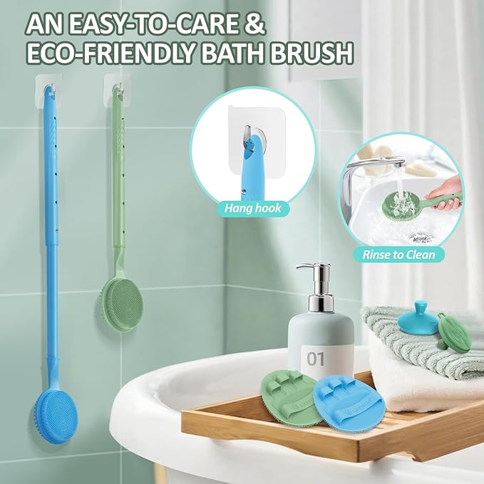 Silicone Back/Face Scrubber & Soft Bath Glove 3PCS, 16''- 24'' Extendable Shower Back Scrubber, 360° Anti-Slip & Hand-fit Silicone Body Scrubber, Manual Face Brush for All-round Cleaning(Green)