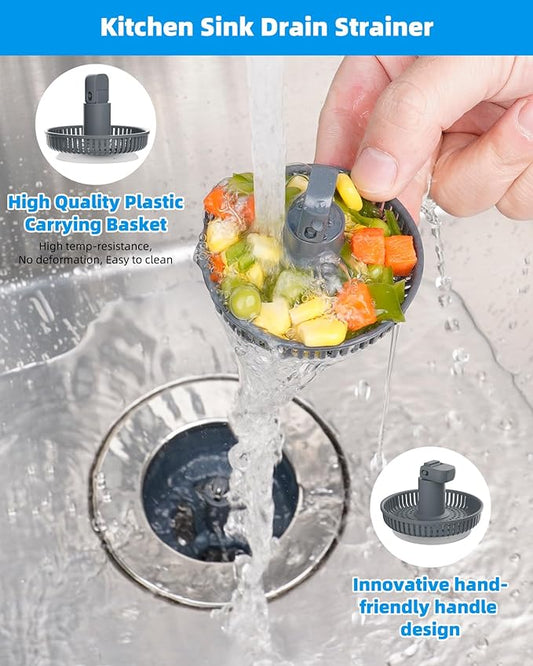 Hibbent 3 in 1 Kitchen Sink Drain Strainer and Stopper Combo, Chrome Stainless Steel Wraped Shell, 3 Anti-Clogging Basket Strainer with Foldable Handle for US Standard 3-1/2" Drain
