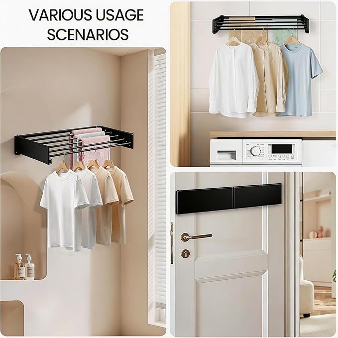 Wall Mounted Laundry Drying Rack, Carbon Steel Foldable & Retractable Clothes Drying Rack, Space Saving Adjustable Towel Holder for Bathroom, Laundry, Small Spaces (1, Black, 80cm)