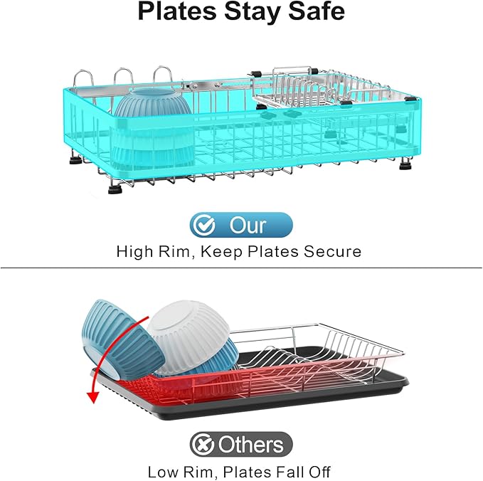 GSlife Large Capacity Expandable Dish Drying Rack with Absorbent Mat, 2-Piece Stainless Steel Dish Drainer Set for Counter with Removable Over Sink Rack, Family Size 15" W x 16.5"-21.5" L, Silver