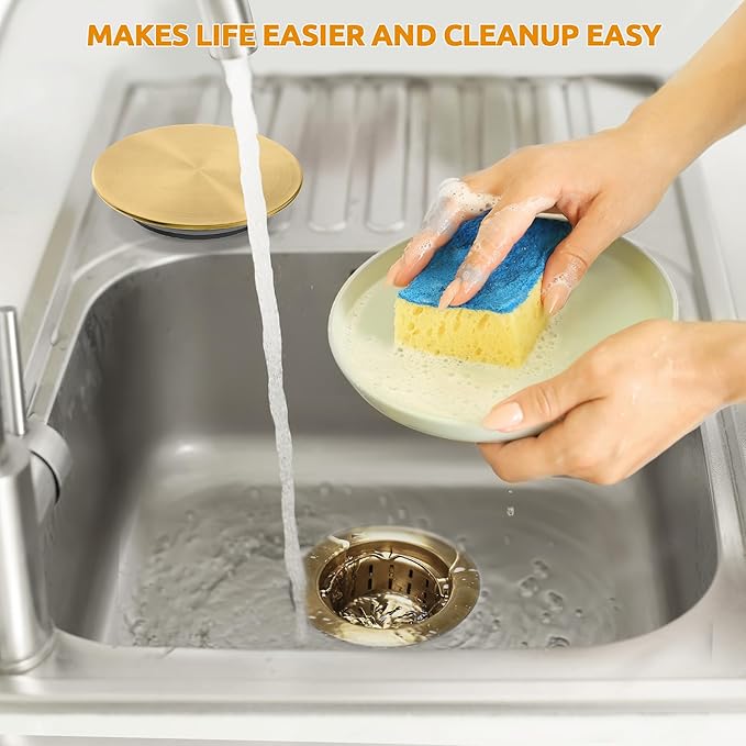 BOTEMY 3-1/2'' Kitchen Sink Drain Assembly Kit,Brass-Finish Sink Drain Strainer with Removable Deep Sink Strainer Basket and Sink Stopper Flat Cover Replacement for Standard Kitchen Sinks