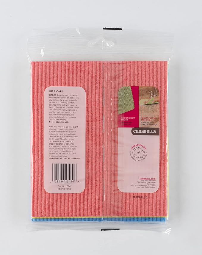 Casabella Cellulose Sponge Cloths Set of 3 All-Purpose Reusable Cleaning Wipes, 8 x 7-Inch, Assorted Colors