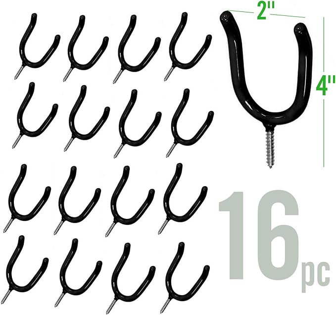 ALAZCO 16 Black Vinyl Coated Steel Wall Mount Screw-in Heavy Duty Tool Holders 4” Utility U-Hooks for Garage Workshop Storage Hang Shovels Rakes Brooms Garden Tools Sports Equipment Tennis Racket