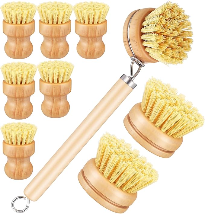 Bamboo Dish Brush Set, 9 Pack Kitchen Natural Wooden Cleaning Scrubbers Set Washing Dish Brush Scrubber with Natural Sisal Bristles for Household Cleaning Vegetables