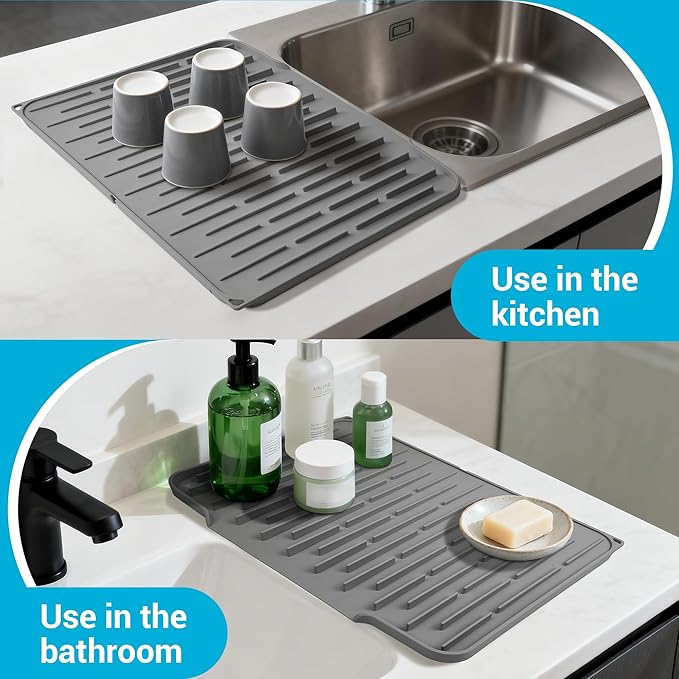 Silicone Dish Drying Mat for Kitchen Counter, Foldable & Heat Resistant Drying Pad with 5° Slope & Wide Drain, 15x12 Inch Non-slip Sink Mat for Bathroom and Countertop.(Dark Grey)