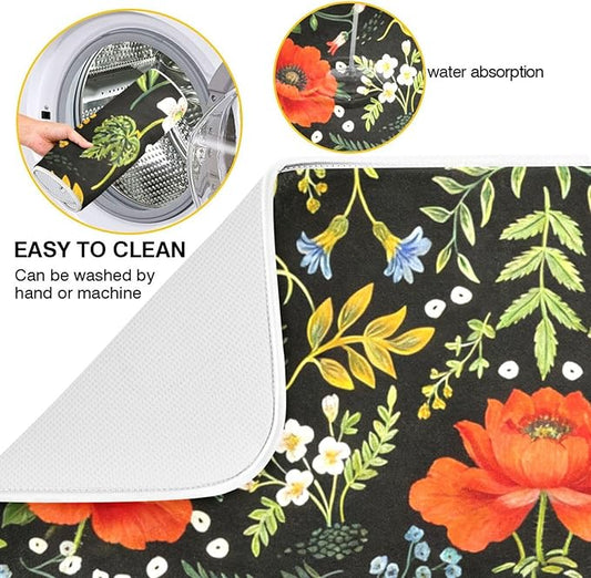 Colorful Floral Absorbent Dishes Drainer/Rack Mat for Countertop Small Size 16 x 18, Microfiber Dish Drying Pads Kitchen Counter Draining Pad