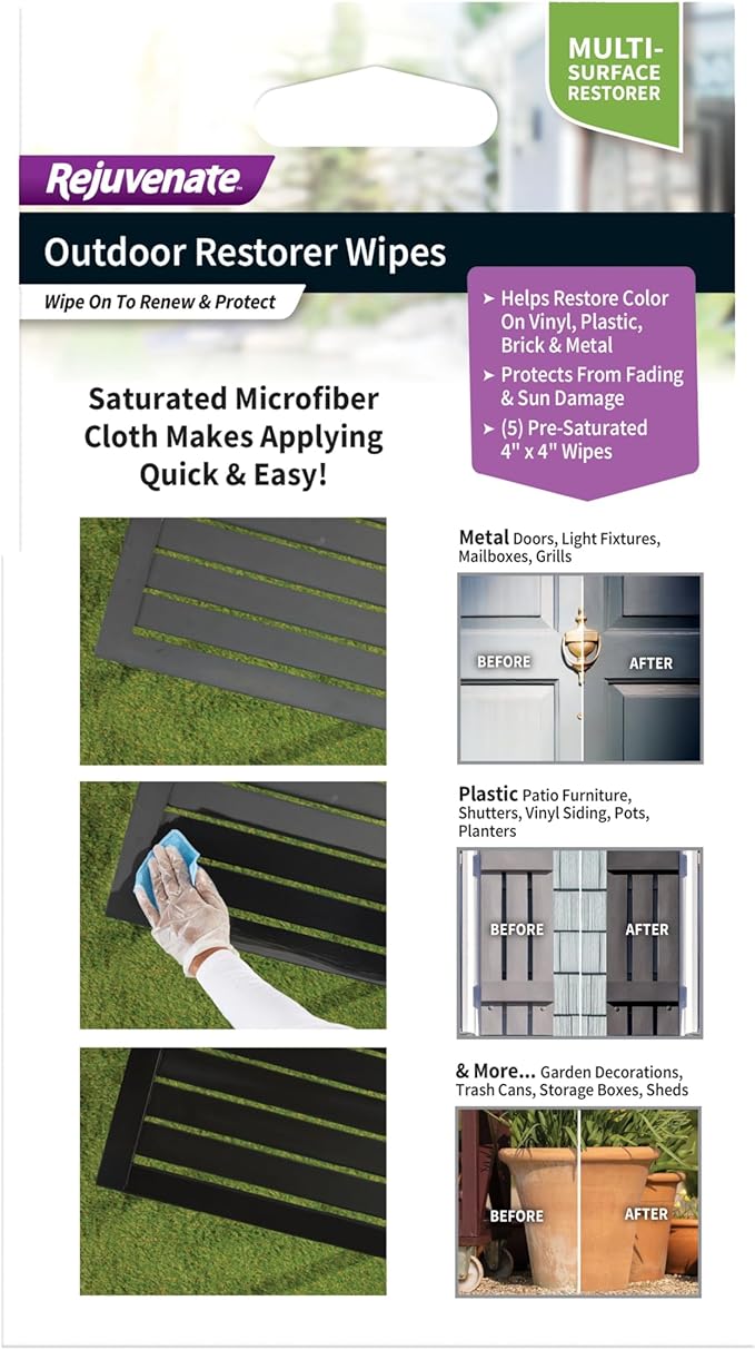 Rejuvenate Outdoor Restorer Wipes, 5 Count, Individually-Wrapped Pre- Saturated Microfiber Wipes Restore Faded and Weathered Surfaces Such As Patio Furniture, Shutters, Siding, Mailboxes And More