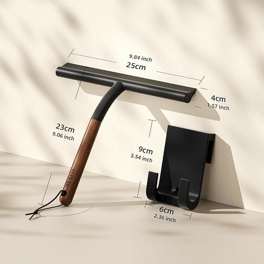 Shower Squeegee for Shower Glass, Bathroom Glass Cleaning Tool with Hook Mount, Squeegee for Glass Doors, Window Cleaning, Tile Shower Walls (Black+Wood)