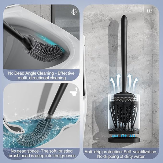 ASOBEAGE Deep Cleaner Toilet Brush: Silicone Toilet Brush with No-Slip Long Plastic Handle and Flexible Bristles, Quick Drying Holder Set for Bathroom(Black)