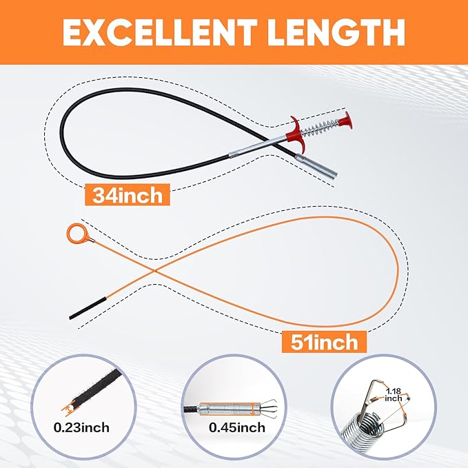51inch Drain Hair Remover(6pack),34inch Drain Clog Remover(1pack),Drain Auger Cleaner Tool Set For Toilet, Kitchen Sink, Bathroom Tub, 7 Pack
