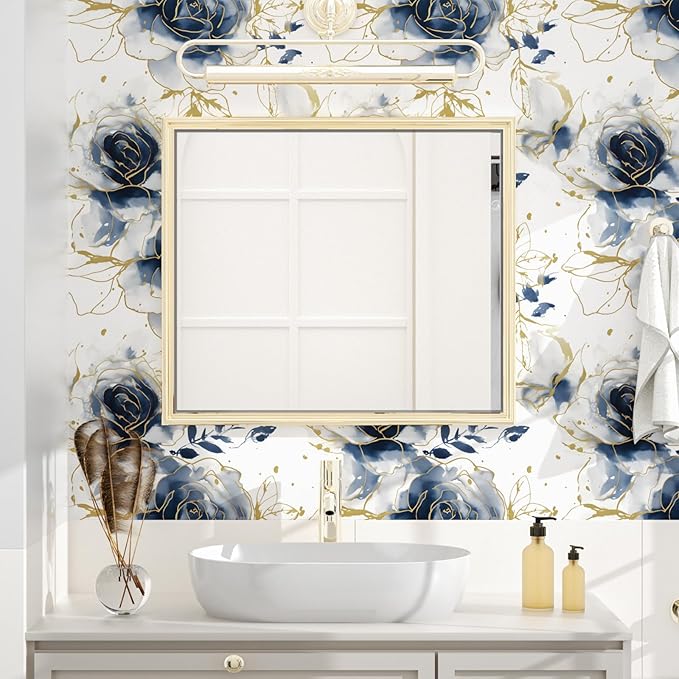White Floral Wallpaper Peel and Stick Watercolor Blue/Golden Flower Contact Paper Modern Wall Paper Waterproof Self-Adhesive Wall Covering for Bedroom Countertop Desk Cabinets Decor 17.4" x 118"