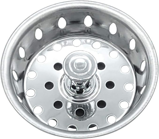 Replacement Kitchen Sink Stainless Steel Basket Strainer with Prong and Rubber Stopper, Universal Fit, 3-1/2 Inch Chrome
