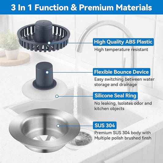 Upgraded 3-in-1 Kitchen Sink Drain Strainer, Stainless Steel Pop Up Kitchen Sink Stopper, Drain Plug for 3.5 Inch Sink Drain Hole, with Anti-Clogging Sink Strainer Basket Filter, Brushed Silver