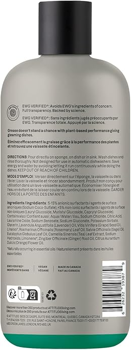 ATTITUDE Dish Soap, Infused with Essential Oils, Plant-Based Ingredients, EWG Verified, Great for Clean and Sparkling Dishes, Vegan Dishwashing Liquid, Lavender & Rosemary, 16.5 Fl Oz