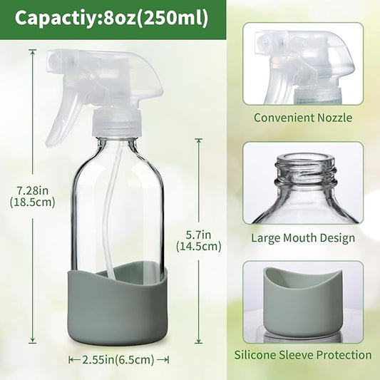 8oz Clear Glass Spray Bottles with Silicone Sleeve–Refillable Spray Bottles for Cleaning Solutions,Hair,Plants&Essential Oils–Leakproof,Adjustable Nozzle,Reusable,Eco-Friendly (1 Pack)