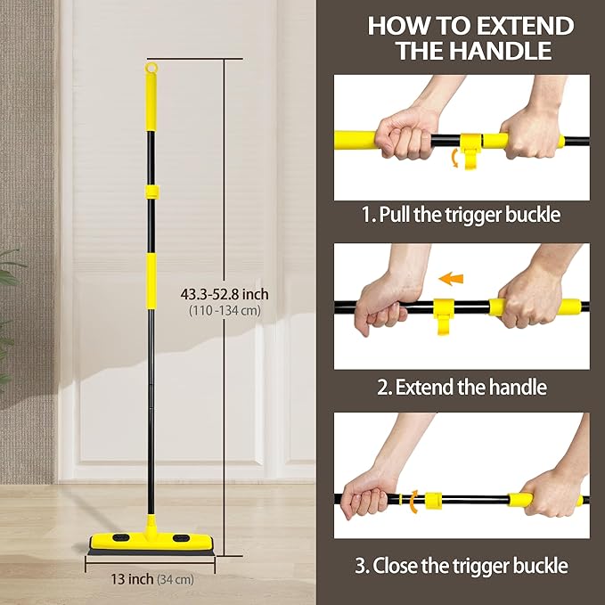 Rubber Broom with Squeegee, Pet Hair Removal 52.8 inches Long Handle, Push Fur Remover Tool with Portable Detailing Lint Brush for Fluff Carpet, Window, Tile, Hardwood Floor Cleaning (Yellow)
