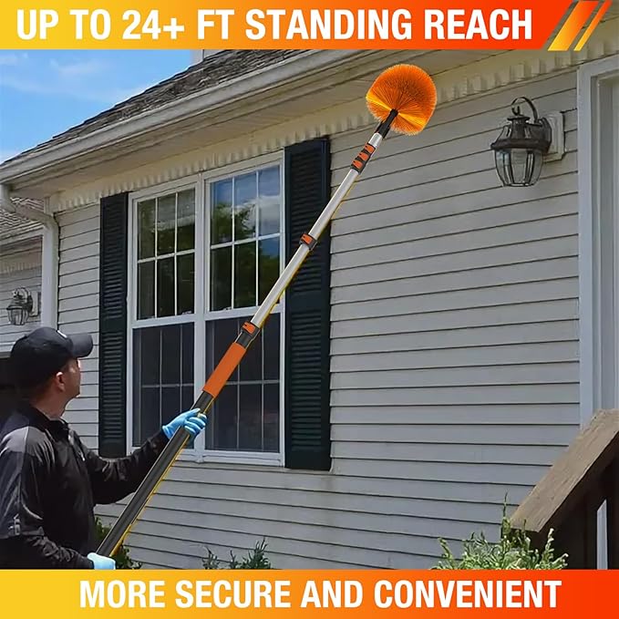LAANPOLE 24FT Cobweb Duster with Extension Pole, Spider Web Brush for Cleaning Extendable, Professional Ceiling and Corner Dusters for Outdoor Indoor Use
