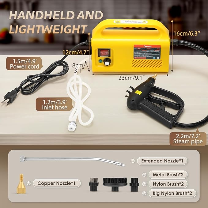 Pressurized Steam Cleaner Tankless, 1500W Handheld Steamer for Cleaning Grout Tile, Hand Held Portable Steam Pressure Washer for Home Kitchen Bathroom Car Auto 110V(Yellow)