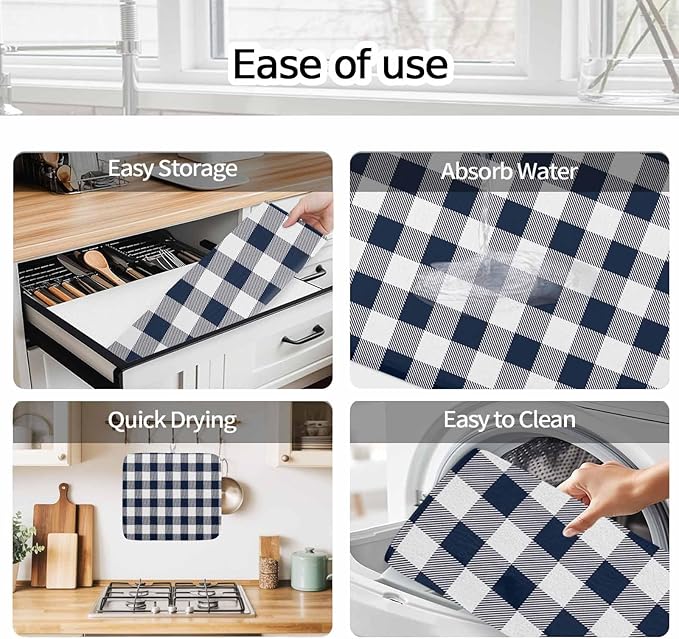 Dish Drying Mat Buffalo Plaid Dark Blue Check Drying Mats for Kitchen Counter Farmhouse Style Absorbent Microfiber Dish Drainer Quick Drying Coffee Mat with Hanging Loop, 18 x24 inch