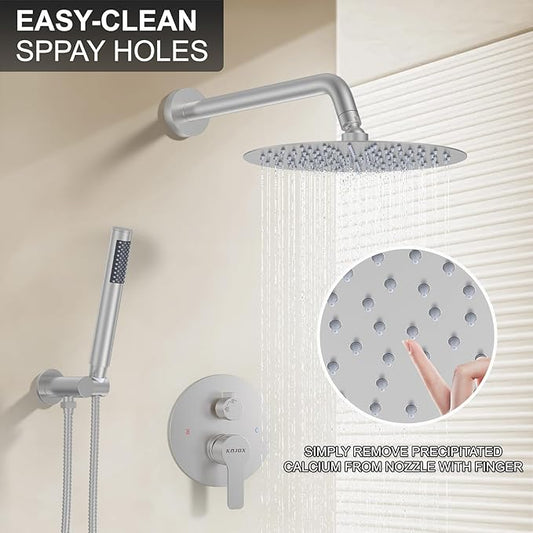 KOJOX 10 Inch Brushed Nickel Shower System with High Pressure Rain Shower Head, Handheld Shower Head, Bathroom Mixer Shower Set Wall Mounted Shower Faucet Rough-in Valve and Trim Kit