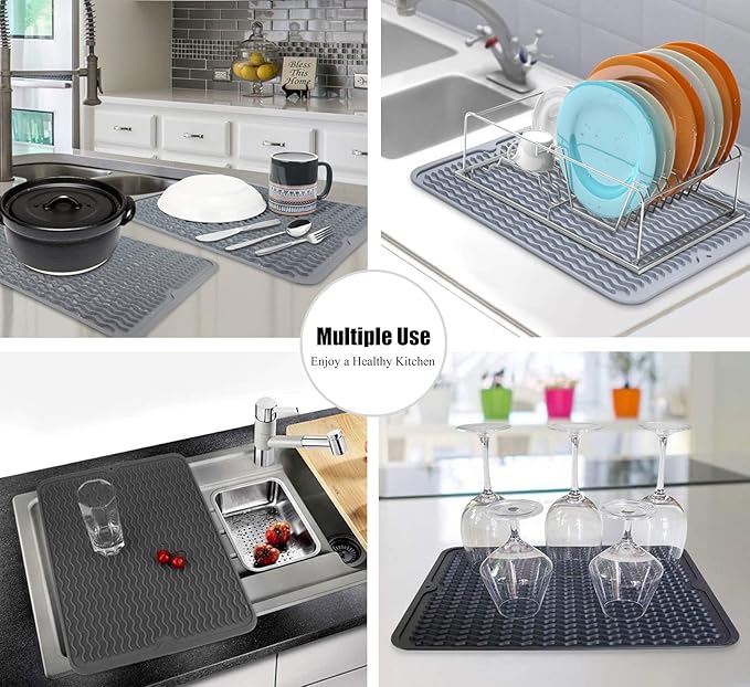 Silicone Dish Drying Mat for Multiple Usage, Easy clean, Eco-friendly, Heat-resistant Dish Drainer Mat for Kitchen Counter,Sink,Refrigerator or Drawer liner (18" x 16", BEIGE)