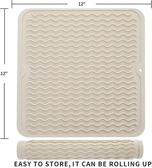 MicoYang Silicone Dish Drying Mat for Multiple Usage,Easy clean,Eco-friendly,Heat-resistant Silicone Mat for Kitchen Counter or Sink,Refrigerator or Drawer liner Tapioca M 12 inches x 12 inches