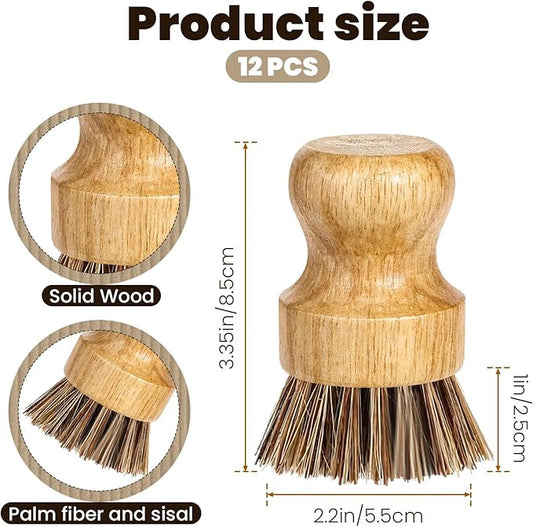 12 Packs Bamboo Dish Scrub Brush Wooden Washing Scrubbers with Sisal Bristles Kitchen Palm Pot Brush Round Mini Dish Brushes for Household Iron Pot Pan Sink Sink Vegetables Cleaning (Brown)