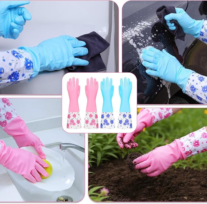 2 Pairs Rubber Cleaning Gloves Household Kitchen Dishwashing Gloves Long Cuff Glove with Cotton Flocked Liner Reusable Waterproof Non-Slip Household Glove for Bathroom Laundry Gardening Gift for Mom
