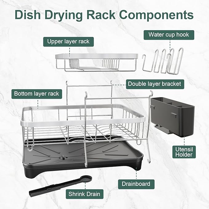 LIYI Dish Drying Rack,Large Dish Rack for Kitchen Counter,2-Tier Dish Racks with draining Tray,Detachable Capacity Dish Drainer Organizer,Black