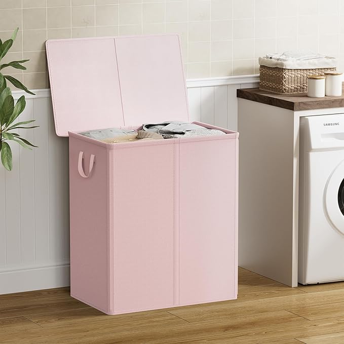 Chrislley 140L Laundry Hamper 2 Section, Double Laundry Basket with Lid, Large Dirty Clothes Hamper with Removable Liner Bags, Collapsible Laundry Organizer for Bedroom, Dorm,Pink