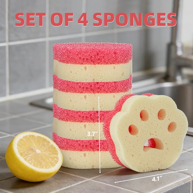 Cleangor 4pcs Scrub Sponges, Dual-Sided Temperature-Controlled Dish Sponges, Scratch-Free, Easy to Clean, Kitchen Cleaning Sponges for Tough Stains, Delicate Surfaces, Glassware, Cookware, Appliances
