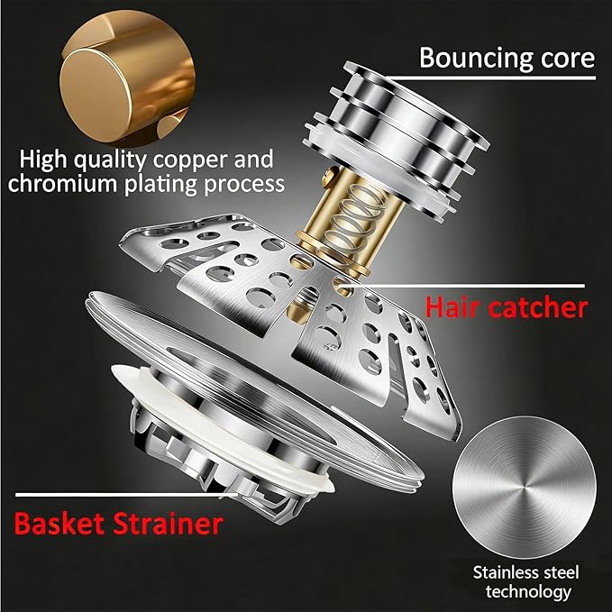 Bathtub Drain Stopper, Pop Up Tub Stopper Plug with Bathtub Drain Hair Catcher Cover, Universal for 1.45 in to 1.8 in Tub Drain, Brushed Nickel