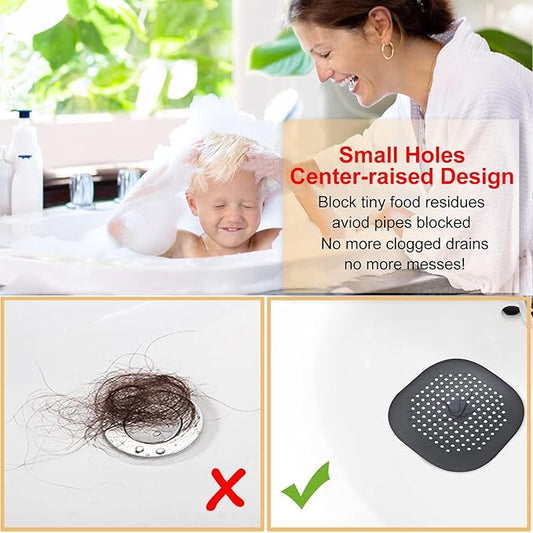 Hair Drain Catcher,Square Drain Cover for Shower Silicone Hair Stopper with Suction Cup,Easy to Install Suit for Bathroom,Bathtub,Kitchen 4 Pack (Jet Black)