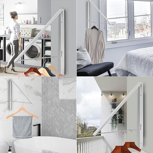 Foldable Clothes Drying Rack, Wall Mounted Retractable Drying Rack Clothes Hanger for Laundry, Bathroom, Balcony Use, Space Saving Laundry Racks and Closet Organizer, Aluminum (White)
