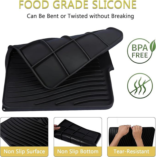Silicone Drying Mat, 16"X13" With Built-in Drain Lip,Heat-Resistant,Eco-friendly,Hygienic Drying Pad,Leak-Proof and Non-Slip,Silicone Dish Drying Mat for Kitchen Counter or Sink(Black 16X13)