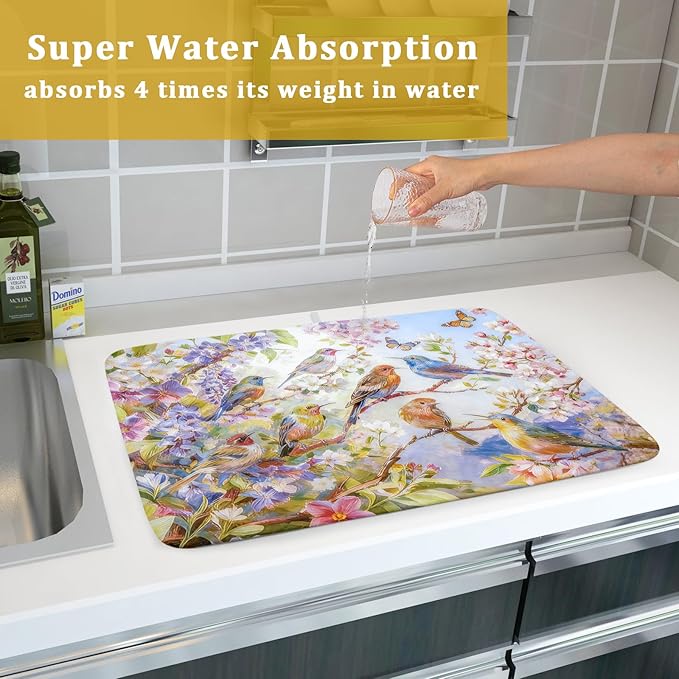 Floral Birds Dish Drying Mat Spring Decoration Absorbent Dish Drain Cloth Mat 18 X 24 for Kitchen Coffee Bar