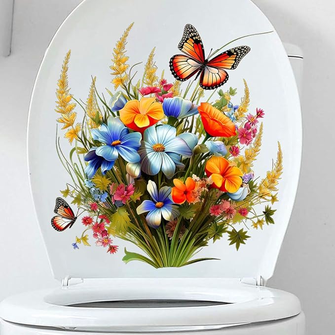 Toilet Stickers Bathroom Wall Decor Flowers Green Plant Butterflies Vinyl Sticker Wall Decals Peel and Stick Wall Stickers for Living Room Bedroom, Bathroom Self-Adhesive Toilet Seat Decals Decor